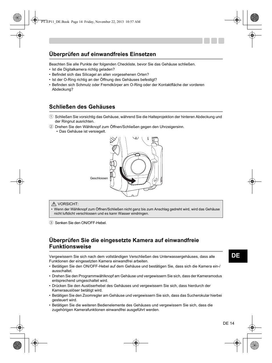 Überprüfen auf einwandfreies einsetzen, Schließen des gehäuses | Olympus PTEP11 User Manual | Page 59 / 89