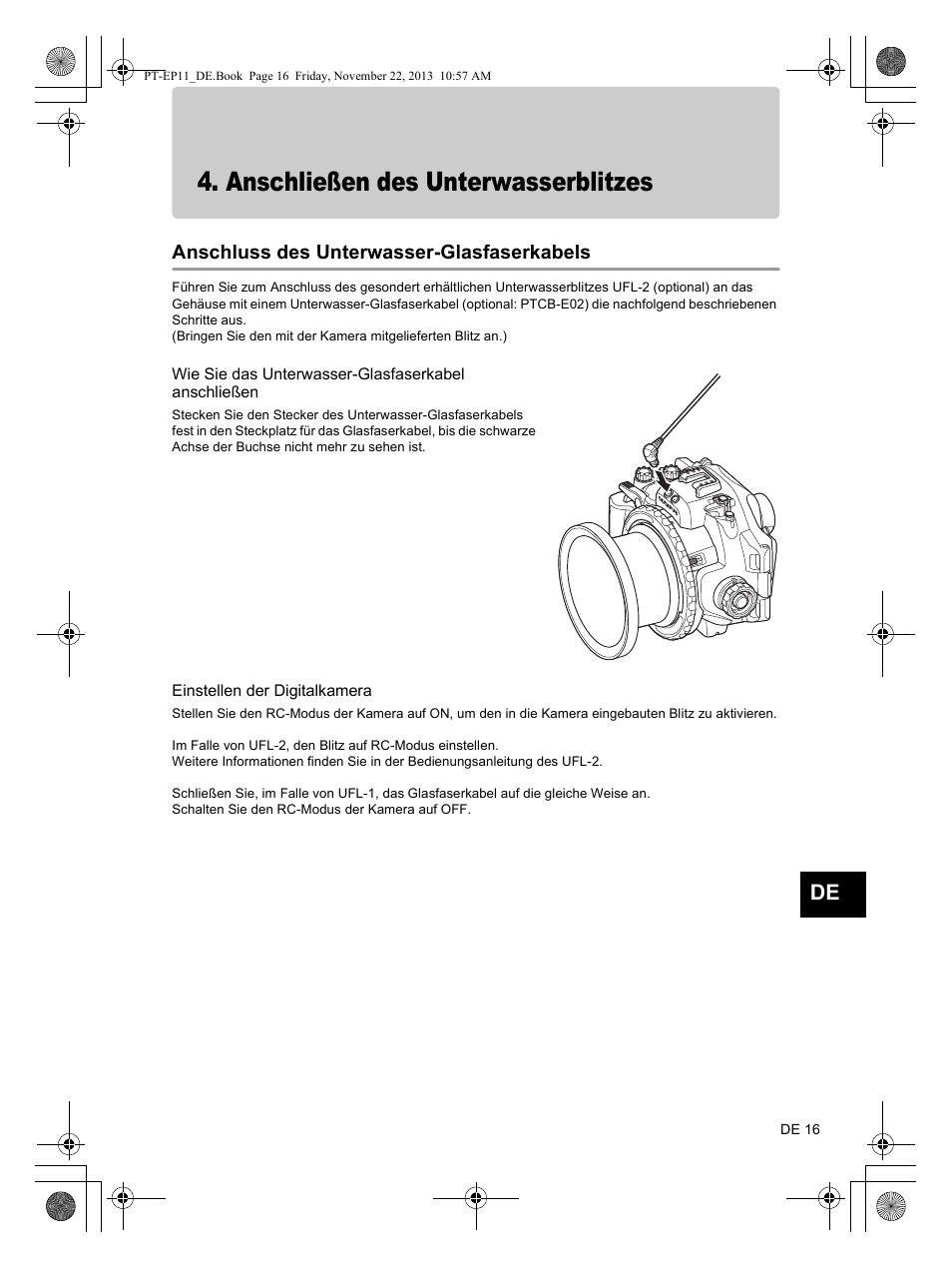 Anschließen des unterwasserblitzes, Anschluss des unterwasser-glasfaserkabels | Olympus PTEP11 User Manual | Page 61 / 89