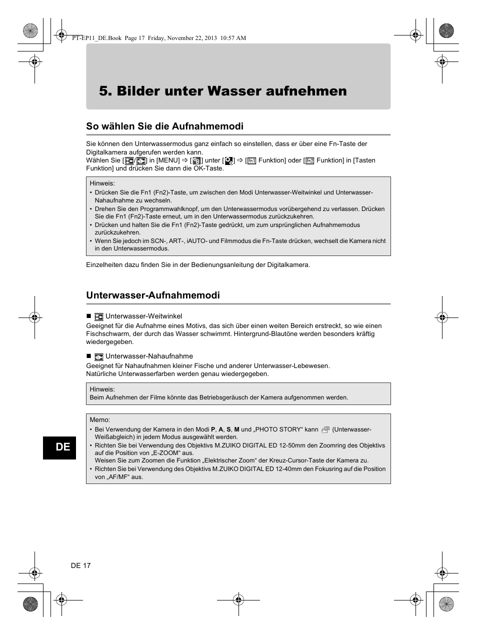 Bilder unter wasser aufnehmen, Unterwasser-aufnahmemodi | Olympus PTEP11 User Manual | Page 62 / 89