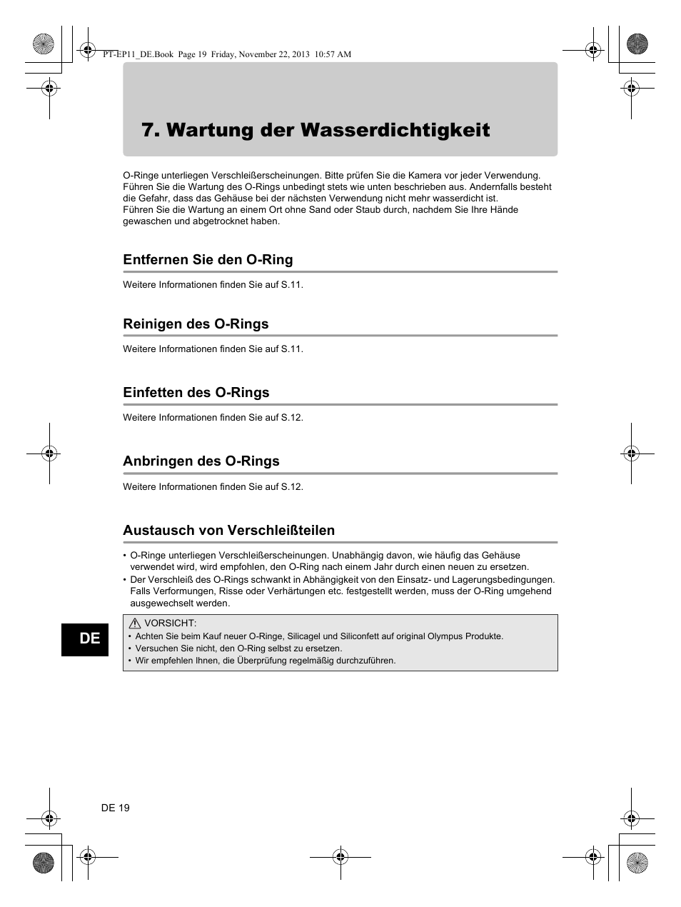 Wartung der wasserdichtigkeit, Entfernen sie den o-ring, Reinigen des o-rings | Einfetten des o-rings, Anbringen des o-rings, Austausch von verschleißteilen | Olympus PTEP11 User Manual | Page 64 / 89