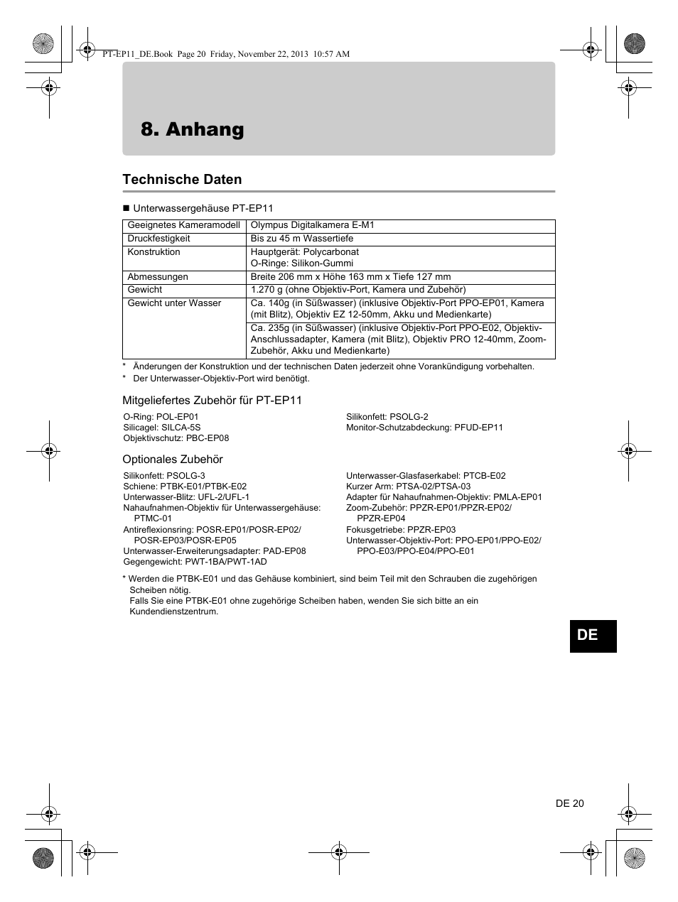 Anhang, Technische daten, Mitgeliefertes zubehör für pt-ep11 | Optionales zubehör | Olympus PTEP11 User Manual | Page 65 / 89