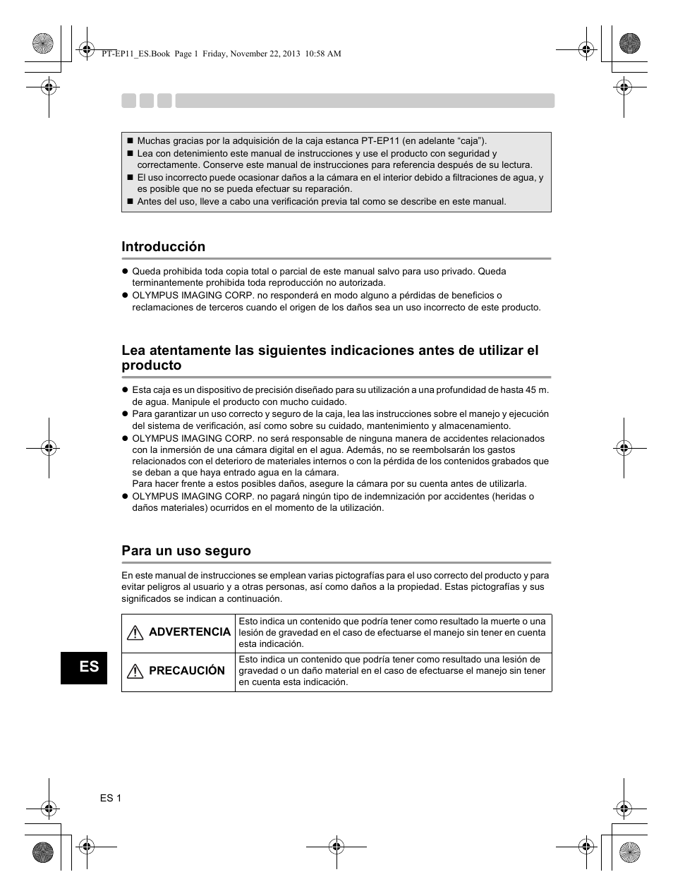 Introducción, Para un uso seguro | Olympus PTEP11 User Manual | Page 68 / 89