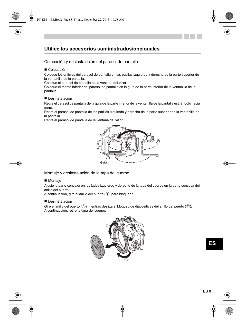 Utilice los accesorios suministrados/opcionales, Montaje y desinstalación de la tapa del cuerpo | Olympus PTEP11 User Manual | Page 75 / 89