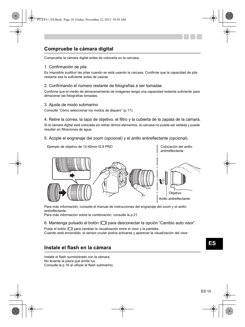 Compruebe la cámara digital, Instale el flash en la cámara | Olympus PTEP11 User Manual | Page 77 / 89