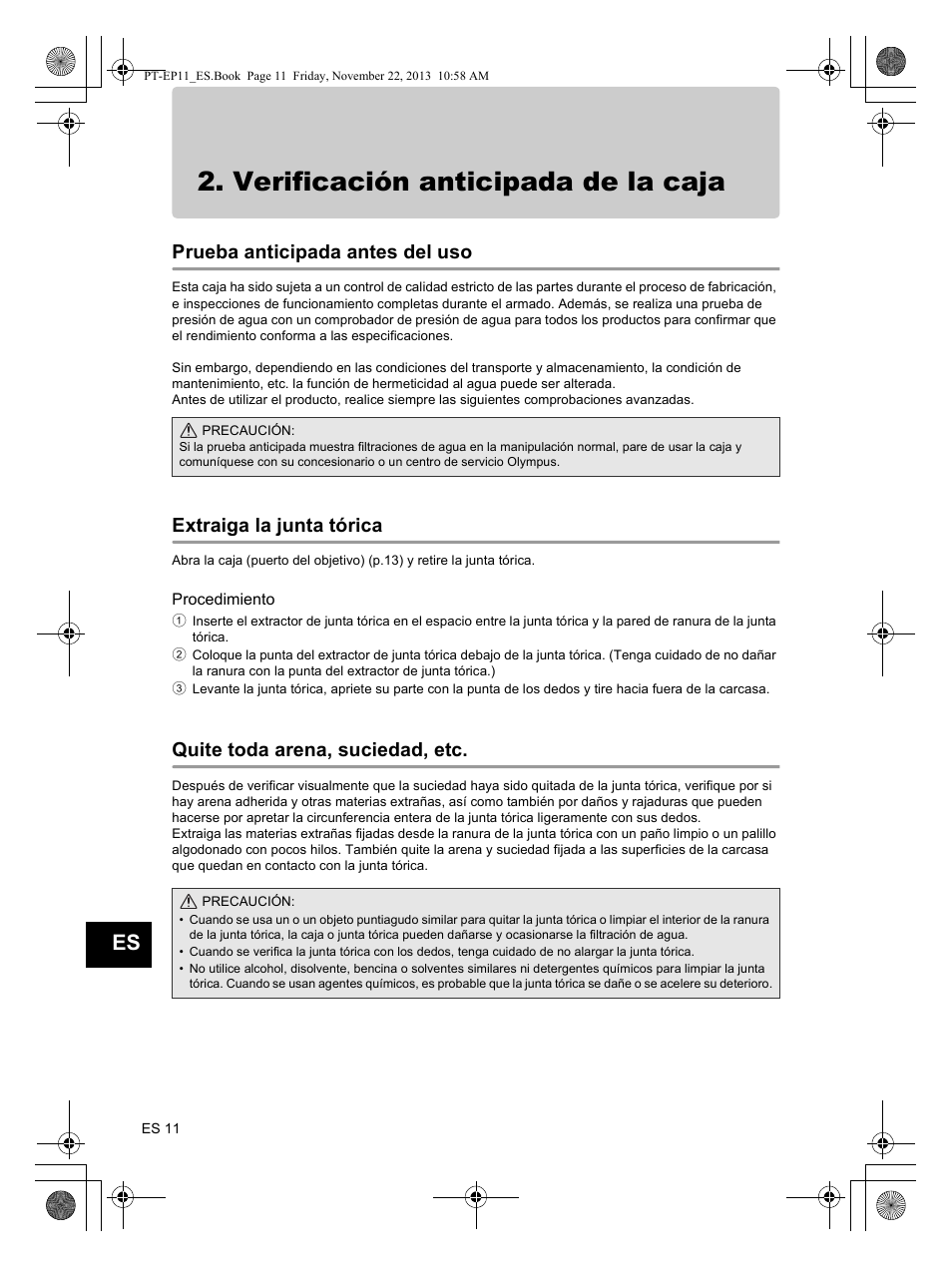 Verificación anticipada de la caja, Prueba anticipada antes del uso, Extraiga la junta tórica | Quite toda arena, suciedad, etc | Olympus PTEP11 User Manual | Page 78 / 89