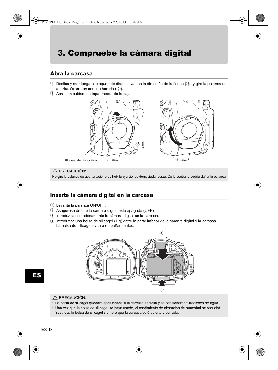 Compruebe la cámara digital, Abra la carcasa, Inserte la cámara digital en la carcasa | Olympus PTEP11 User Manual | Page 80 / 89