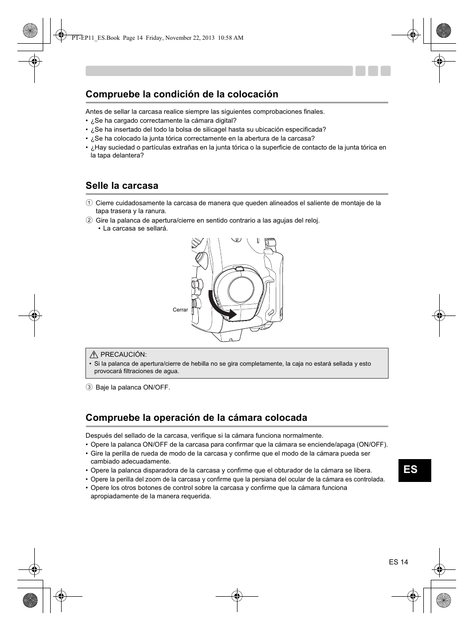 Compruebe la condición de la colocación, Selle la carcasa, Compruebe la operación de la cámara colocada | Olympus PTEP11 User Manual | Page 81 / 89