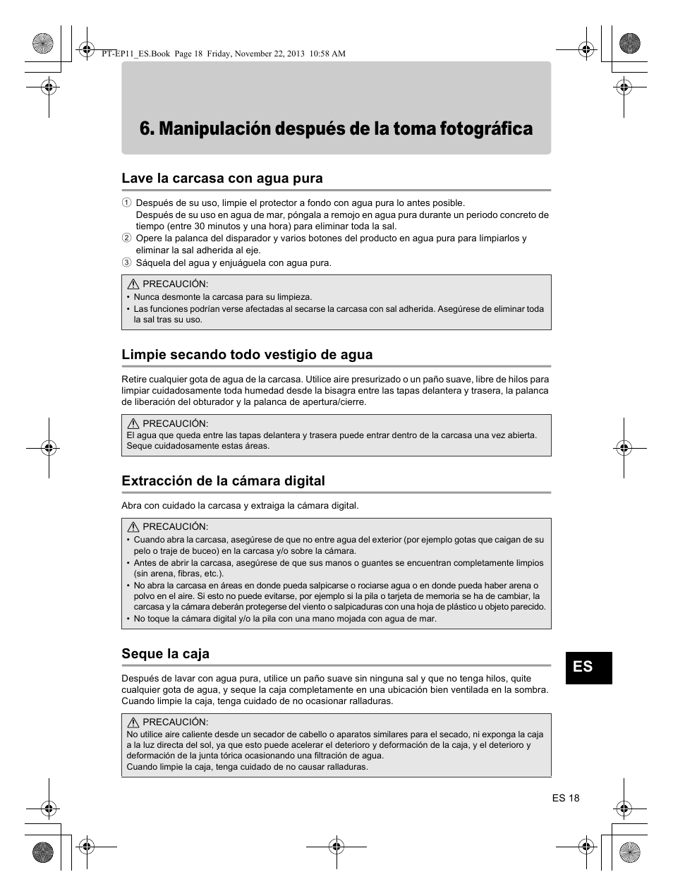 Manipulación después de la toma fotográfica, Lave la carcasa con agua pura, Limpie secando todo vestigio de agua | Extracción de la cámara digital, Seque la caja | Olympus PTEP11 User Manual | Page 85 / 89