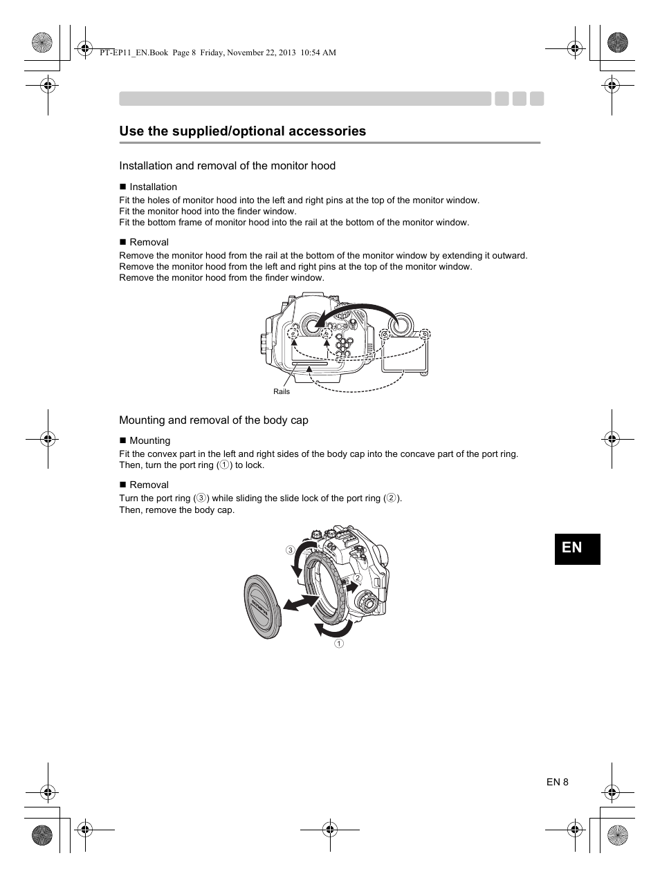 Montage et retrait du bouchon du boîtier, Use the supplied/optional accessories | Olympus PTEP11 User Manual | Page 9 / 89