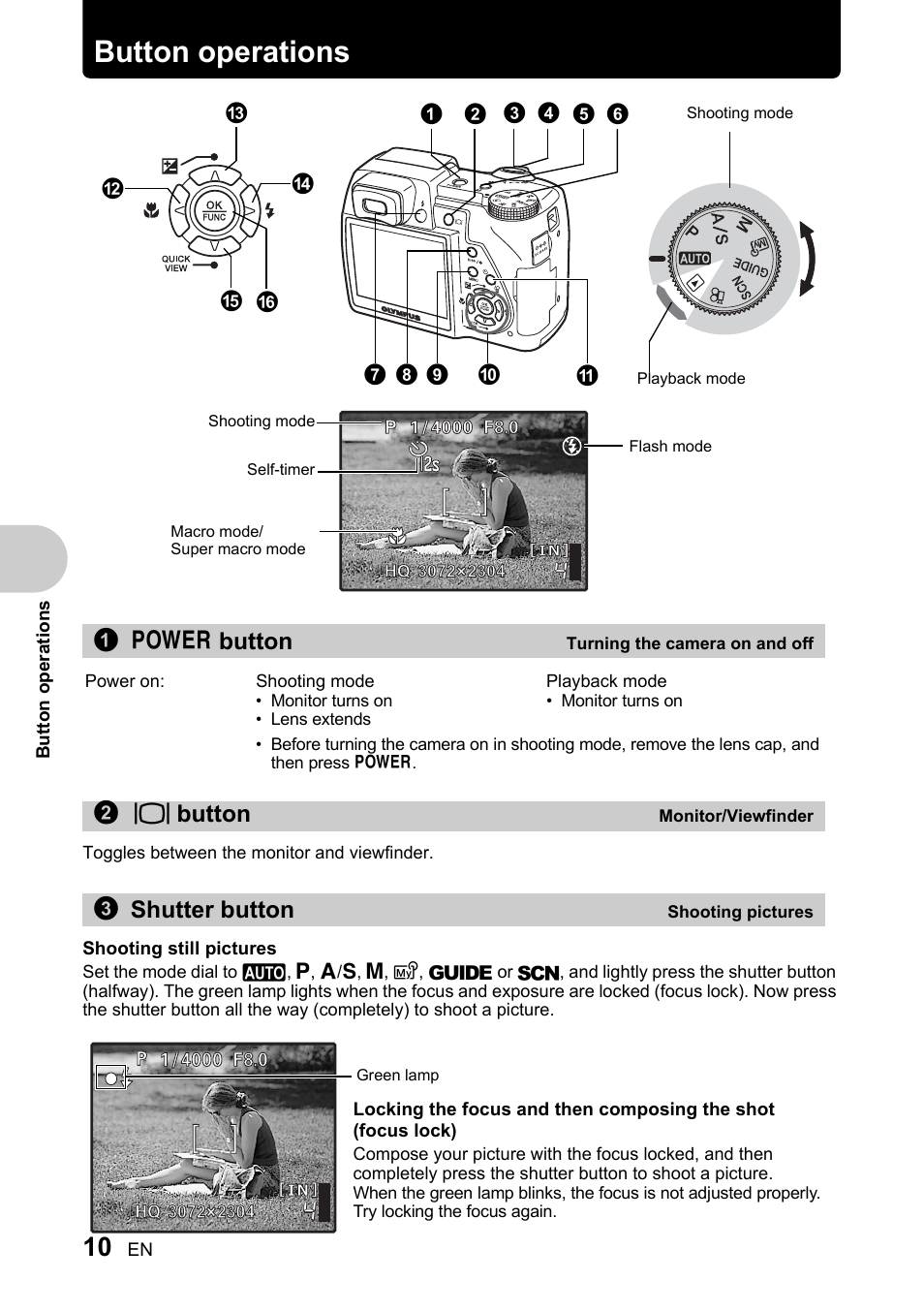 Button operations, Turning the camera on and off, Monitor/viewfinder | Shooting pictures, P. 10, 1o button, Button, 3shutter button | Olympus SP-510 UZ User Manual | Page 10 / 96