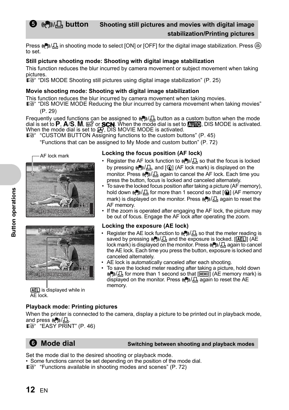 Switching between shooting and playback modes, Button, 6mode dial | Olympus SP-510 UZ User Manual | Page 12 / 96