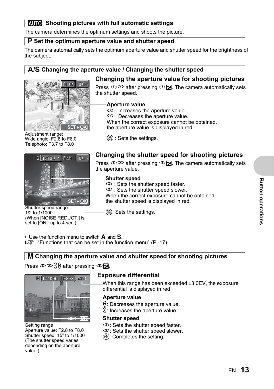 Shooting pictures with full automatic settings, Set the optimum aperture value and shutter speed | Olympus SP-510 UZ User Manual | Page 13 / 96
