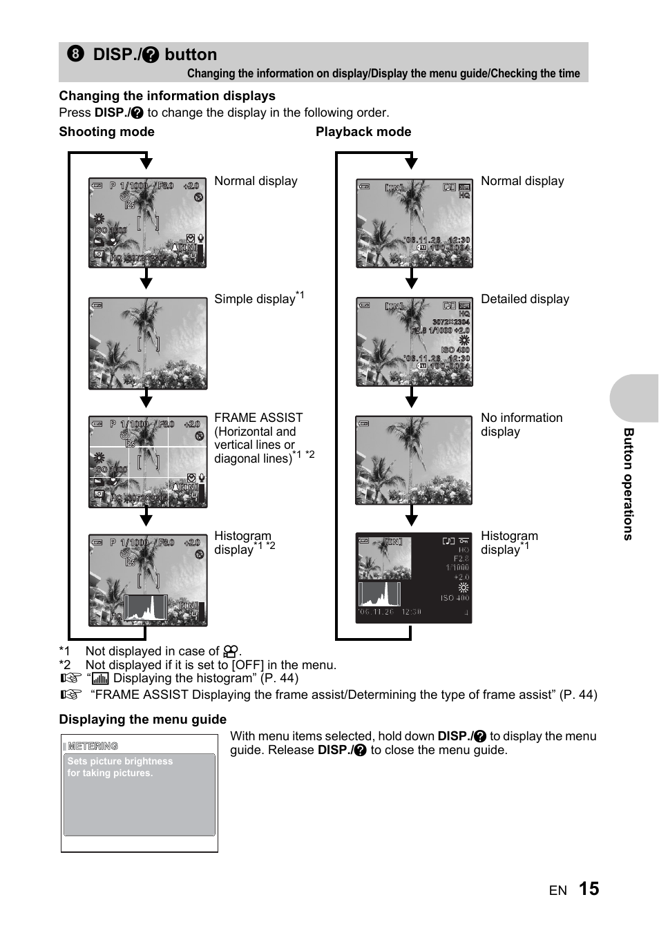 8disp./ e button, Displaying the menu guide, Shooting mode | Playback mode, Simple display, Normal display, Histogram display, Normal display detailed display, No information display | Olympus SP-510 UZ User Manual | Page 15 / 96
