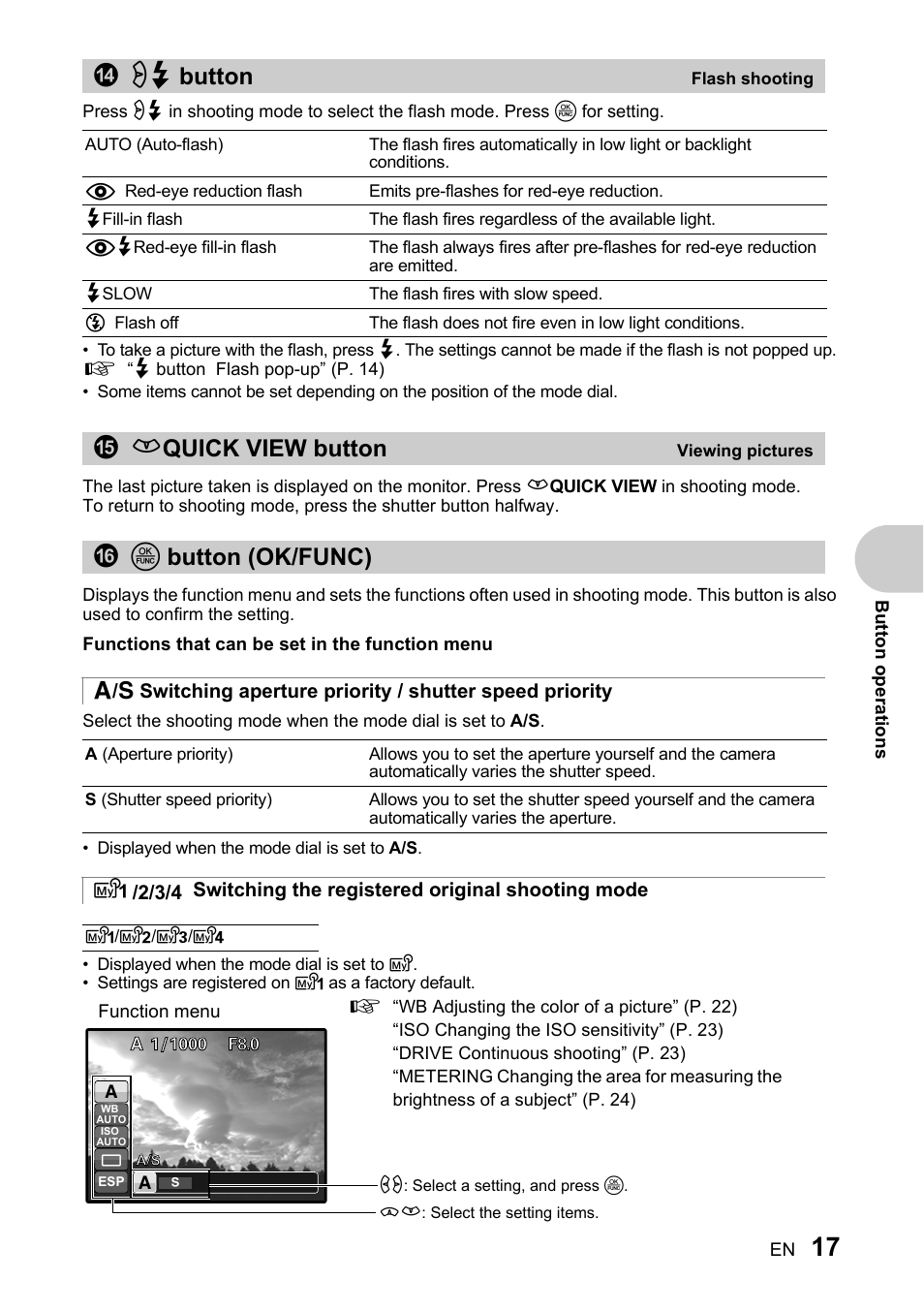 Flash shooting, Viewing pictures, Ok/func | Switching the registered original shooting mode, Q# button flash shooting” (p. 17), Dq# button, Er quick view button, Fo button (ok/func) | Olympus SP-510 UZ User Manual | Page 17 / 96
