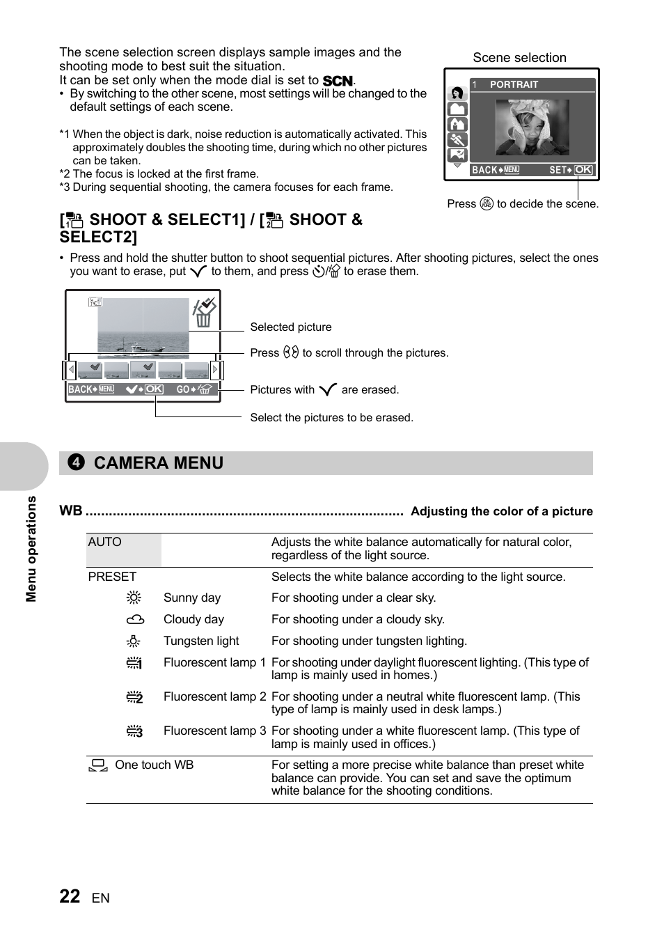 Camera menu, Adjusting the color of a picture, Wb adjusting the color of a picture” (p. 22) | P. 22, 4camera menu, E shoot & select1] / [ f shoot & select2 | Olympus SP-510 UZ User Manual | Page 22 / 96