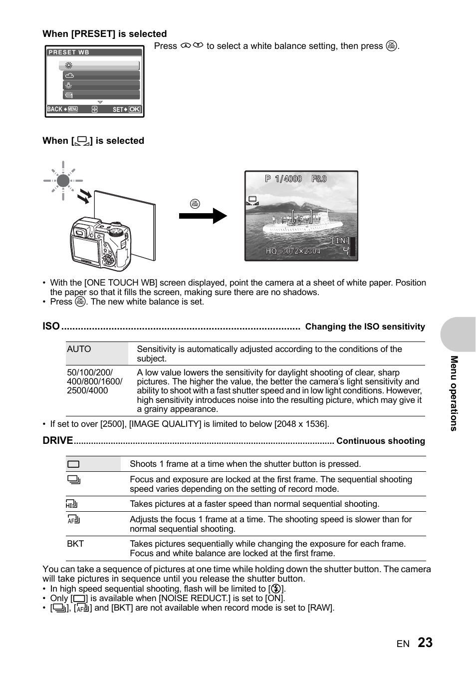 Changing the iso sensitivity, Continuous shooting, P. 23 | Olympus SP-510 UZ User Manual | Page 23 / 96