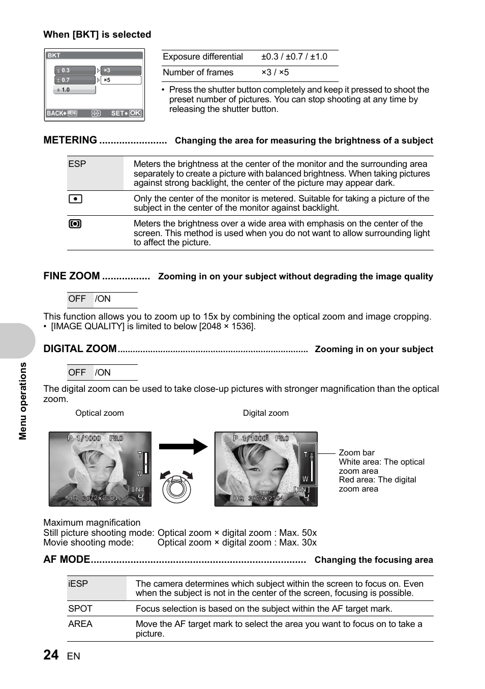 Zooming in on your subject, Changing the focusing area, Digital zoom zooming in on your subject | P. 24), P. 24, Metering, Fine zoom, Digital zoom, Af mode | Olympus SP-510 UZ User Manual | Page 24 / 96