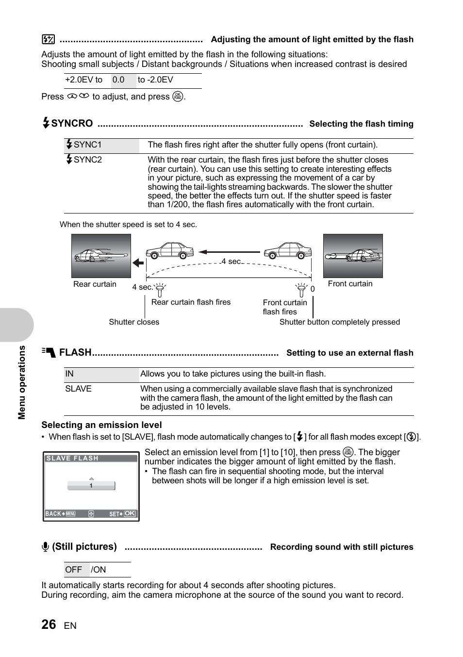 Adjusting the amount of light emitted by the flash, Selecting the flash timing, Setting to use an external flash | Recording sound with still pictures, P. 26 | Olympus SP-510 UZ User Manual | Page 26 / 96