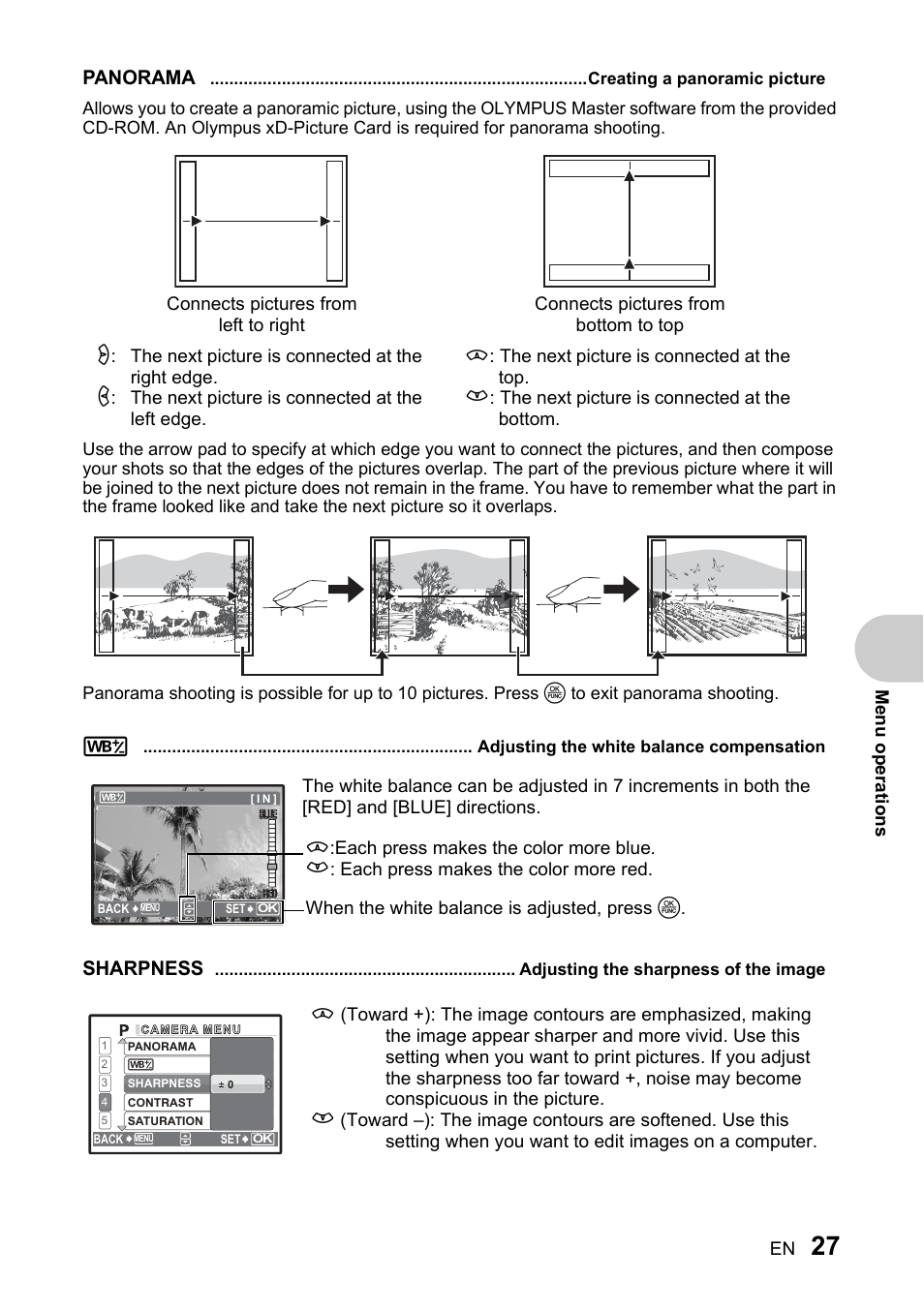 Creating a panoramic picture, Adjusting the white balance compensation, Adjusting the sharpness of the image | P. 27, Panorama, Sharpness | Olympus SP-510 UZ User Manual | Page 27 / 96