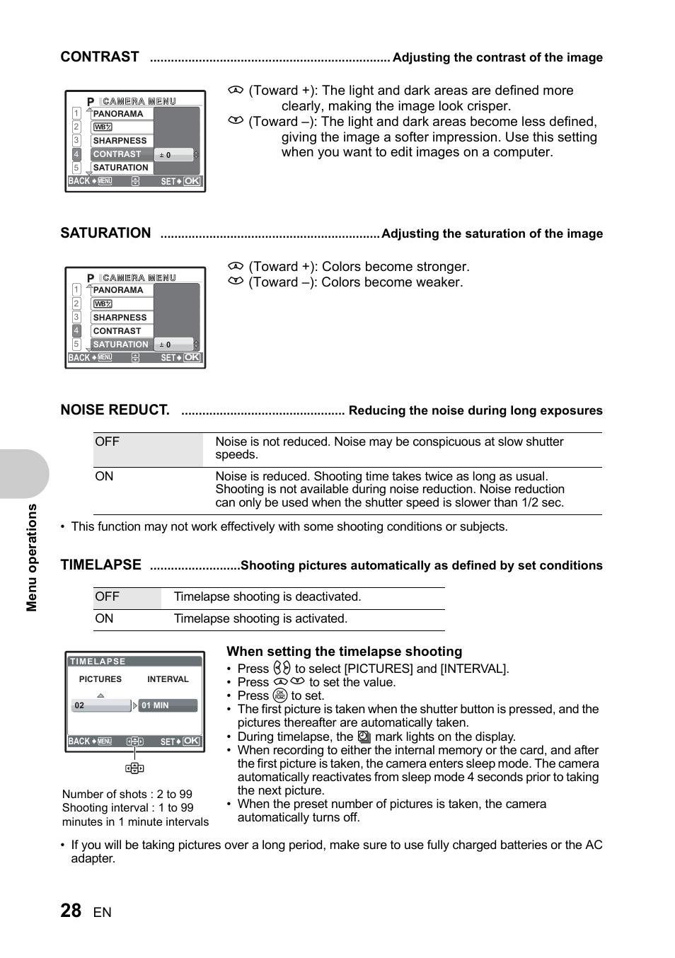 Adjusting the contrast of the image, Adjusting the saturation of the image, Reducing the noise during long exposures | P. 28, Contrast, Saturation, Noise reduct, Timelapse, En menu operation s, When setting the timelapse shooting | Olympus SP-510 UZ User Manual | Page 28 / 96