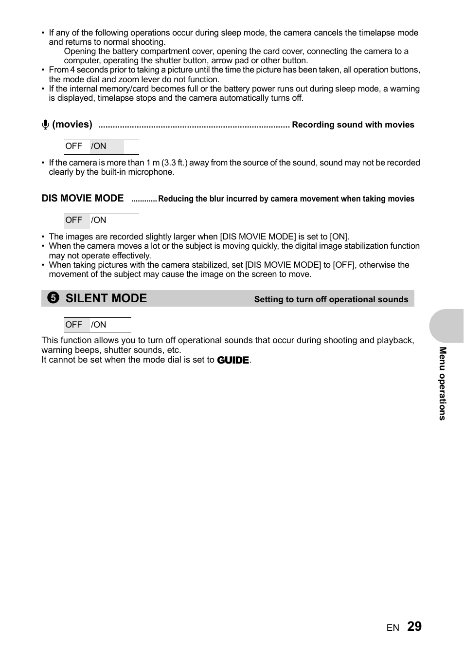 Recording sound with movies, Setting to turn off operational sounds, P. 29) | R (movies) recording sound with movies” (p. 29), P. 29, 5silent mode | Olympus SP-510 UZ User Manual | Page 29 / 96