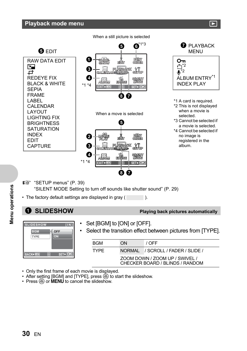 Playback mode menu, Playing back pictures automatically, 1slideshow | Playback mode menu q, En menu operation s, Edit, Album entry, Index play, Playback menu | Olympus SP-510 UZ User Manual | Page 30 / 96