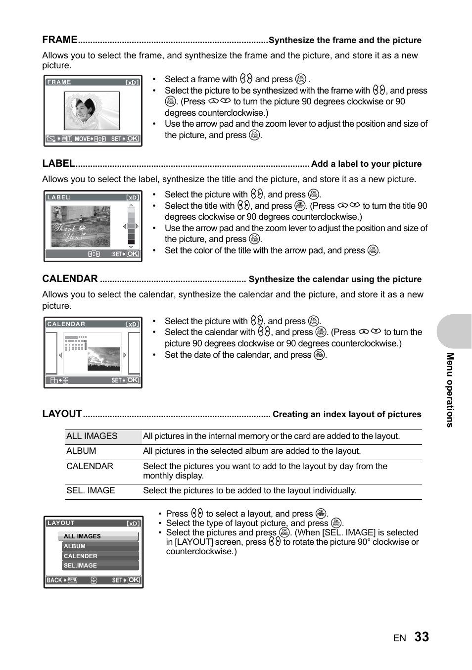 Synthesize the frame and the picture, Add a label to your picture, Synthesize the calendar using the picture | Creating an index layout of pictures, Frame, Label, Calendar, Layout | Olympus SP-510 UZ User Manual | Page 33 / 96