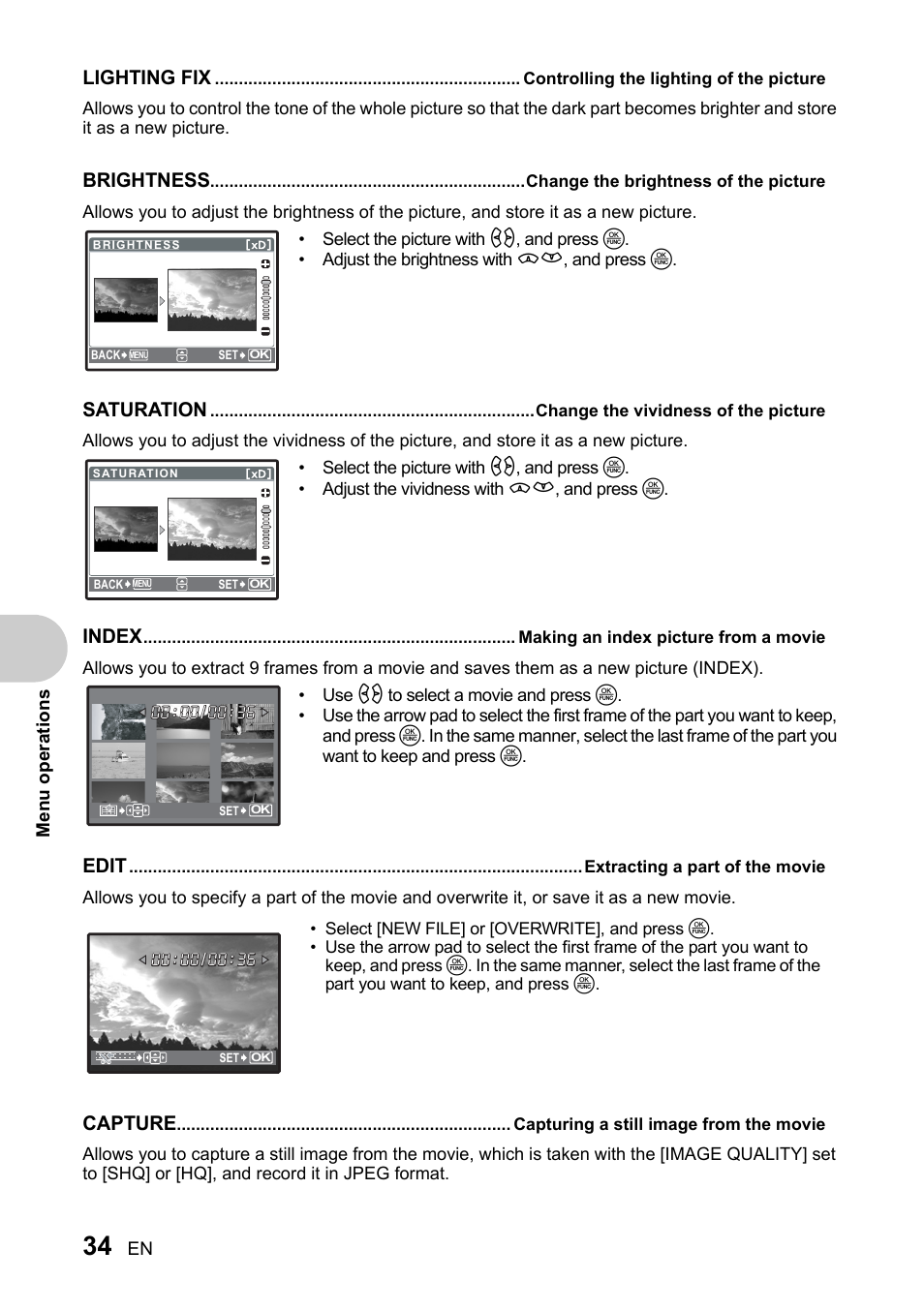 Controlling the lighting of the picture, Change the brightness of the picture, Change the vividness of the picture | Making an index picture from a movie, Extracting a part of the movie, Capturing a still image from the movie | Olympus SP-510 UZ User Manual | Page 34 / 96