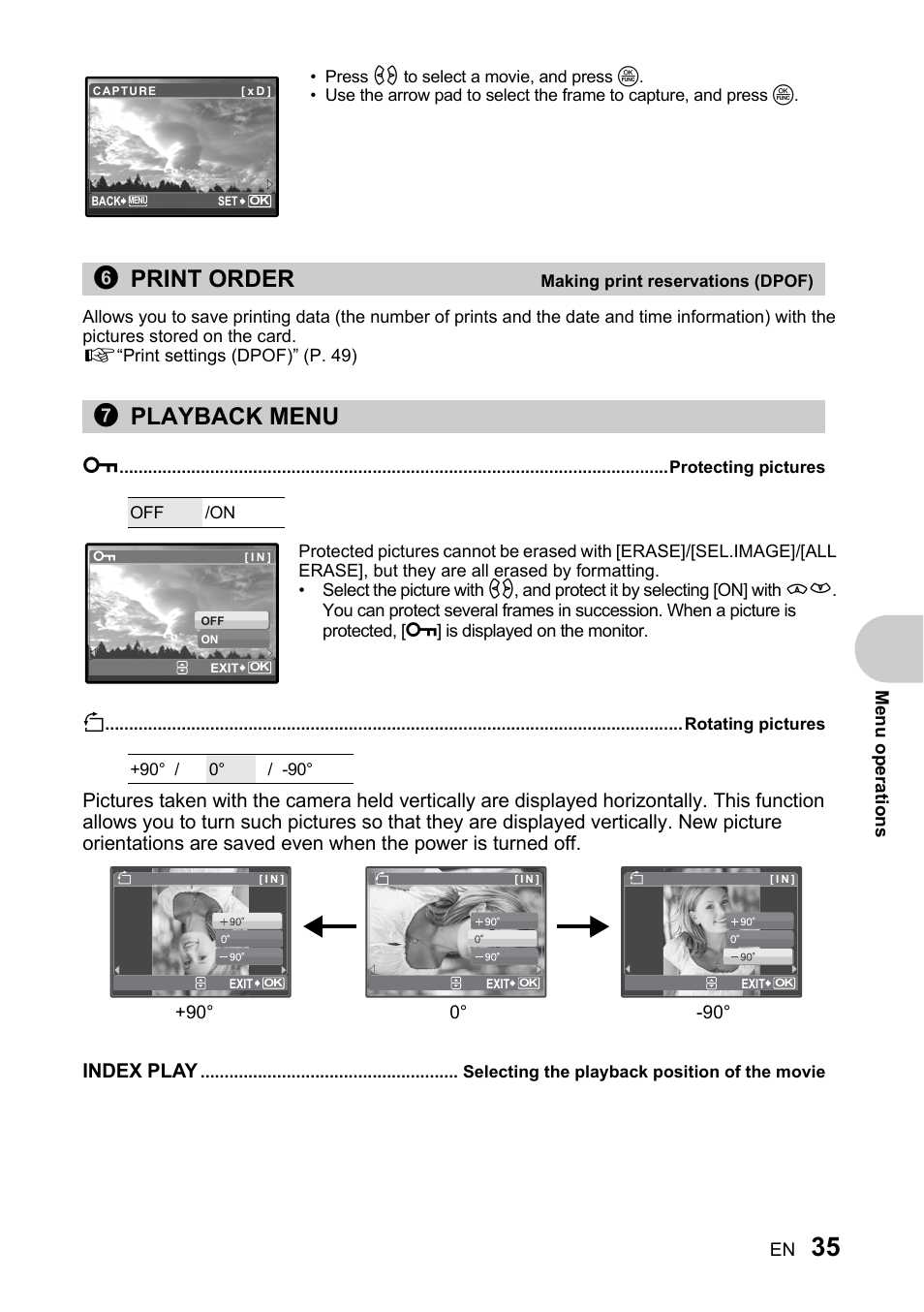 Making print reservations (dpof), Playback menu, Protecting pictures | Rotating pictures, Selecting the playback position of the movie, 6print order, 7playback menu, Index play | Olympus SP-510 UZ User Manual | Page 35 / 96