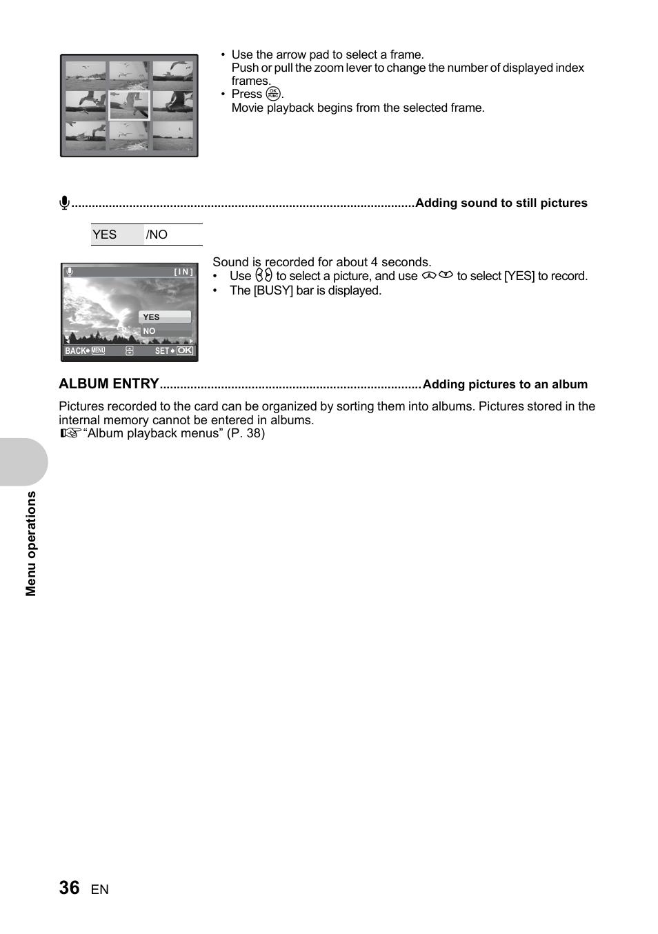 Adding sound to still pictures, Adding pictures to an album | Olympus SP-510 UZ User Manual | Page 36 / 96