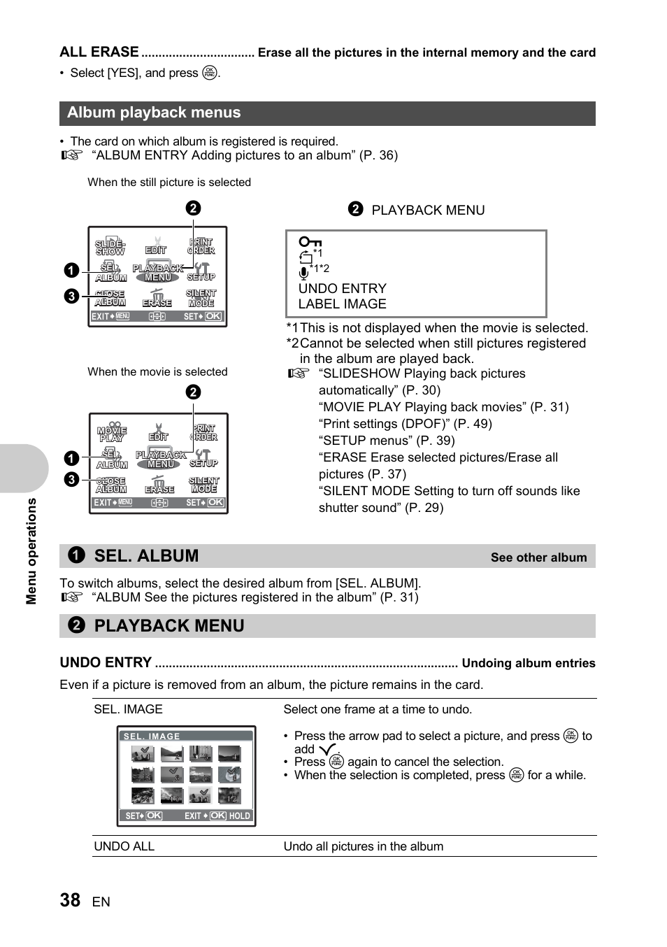 Album playback menus, See other album, Playback menu | Undoing album entries, 1sel. album, 2playback menu, All erase, Undo entry, En menu operation s, Undo entry label image | Olympus SP-510 UZ User Manual | Page 38 / 96