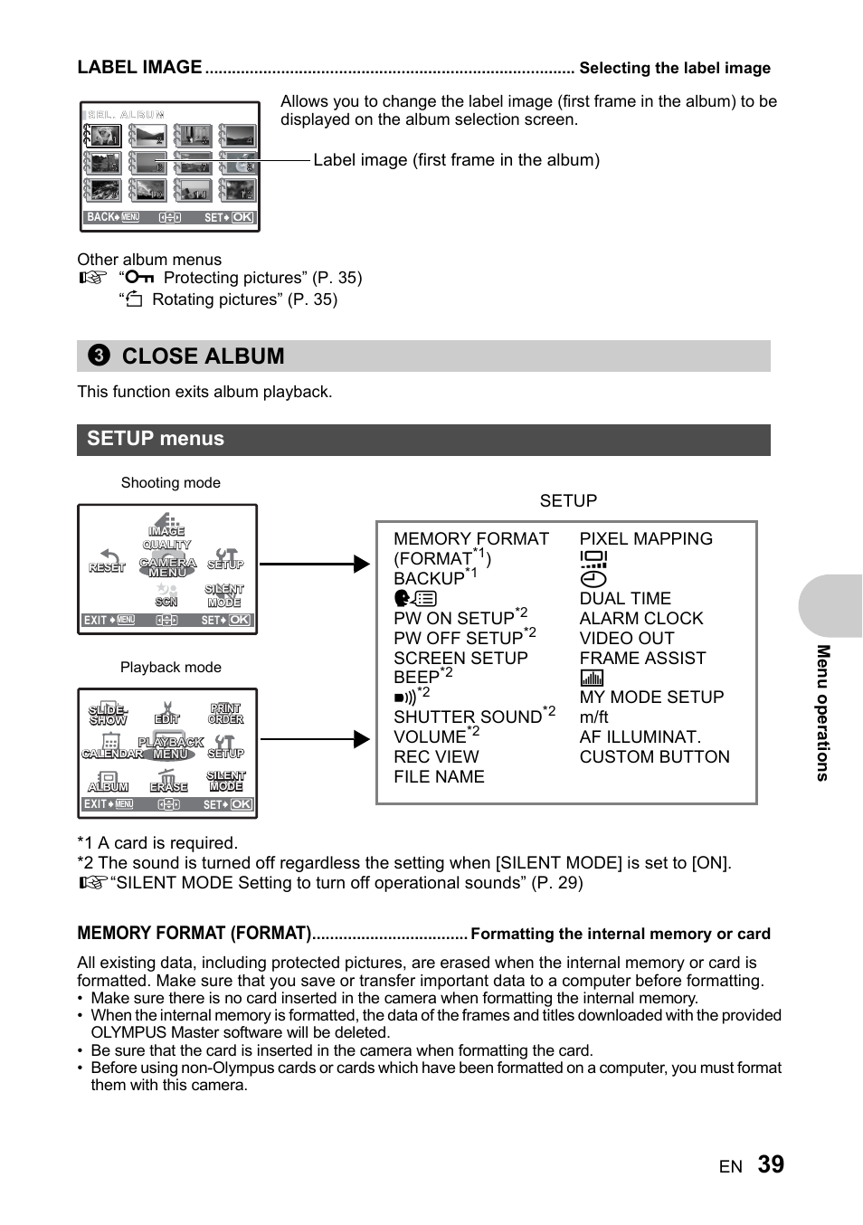 Selecting the label image, Close album, Setup menus | Formatting the internal memory or card, Setup menus” (p. 39), 3close album, Label image, Me n u op er at ions, Label image (first frame in the album), Backup | Olympus SP-510 UZ User Manual | Page 39 / 96
