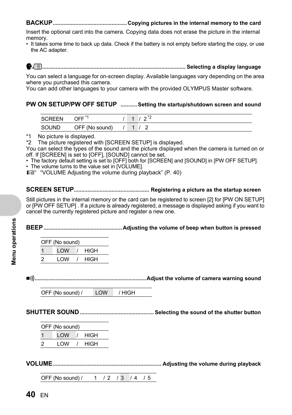 Selecting a display language, Setting the startup/shutdown screen and sound, Registering a picture as the startup screen | Adjust the volume of camera warning sound, Selecting the sound of the shutter button, Adjusting the volume during playback | Olympus SP-510 UZ User Manual | Page 40 / 96