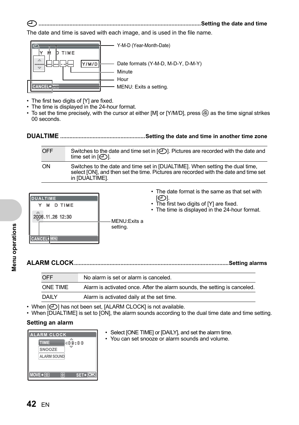 Setting the date and time, Setting the date and time in another time zone, Setting alarms | Dualtime, Alarm clock | Olympus SP-510 UZ User Manual | Page 42 / 96