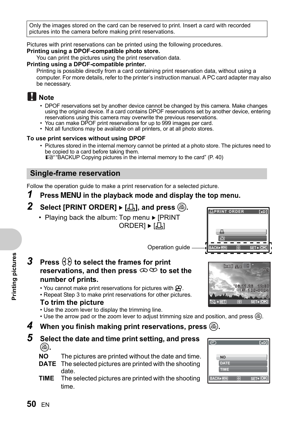 Single-frame reservation, Select [print order] [ < ], and press o, When you finish making print reservations, press o | Olympus SP-510 UZ User Manual | Page 50 / 96