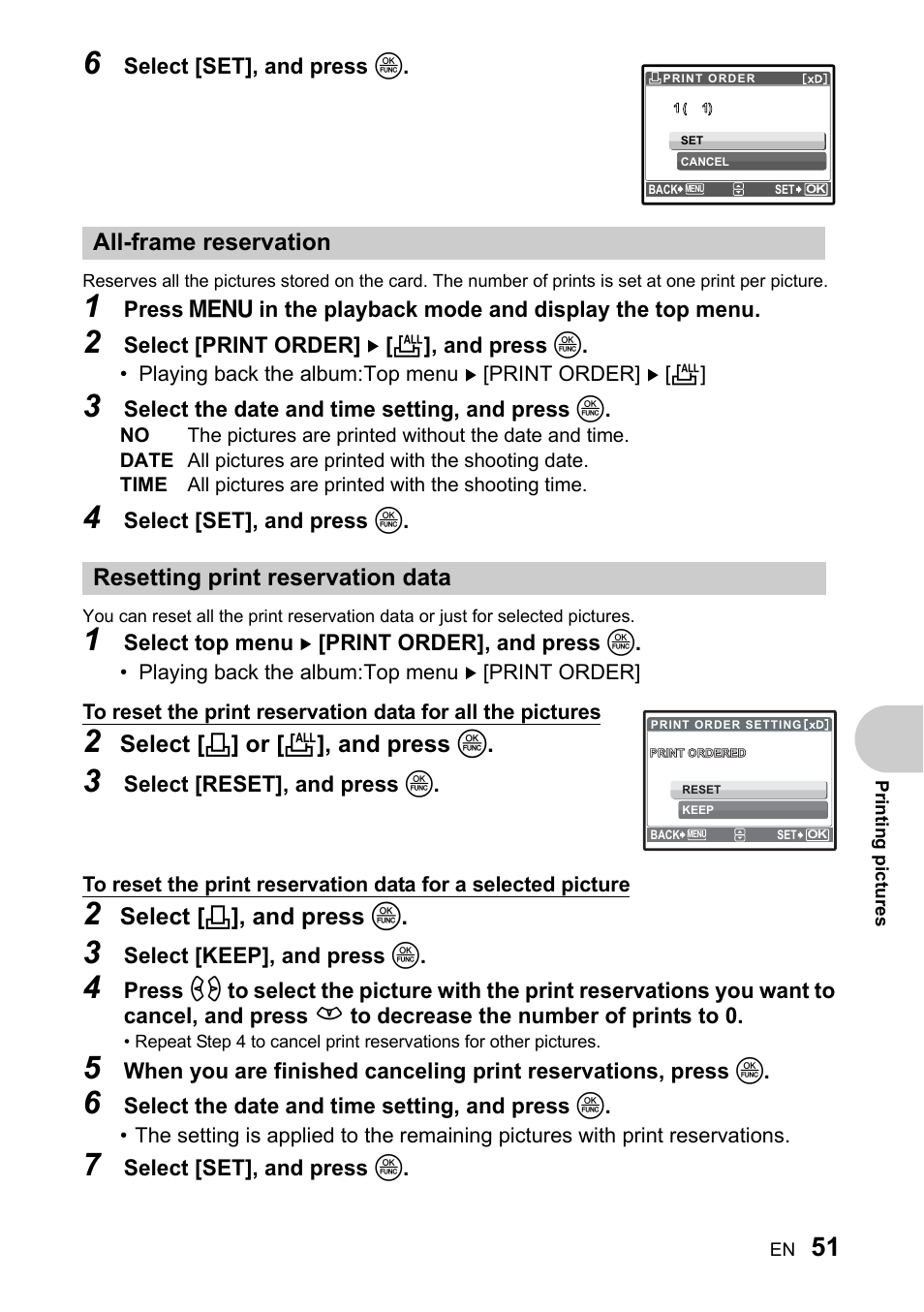 All-frame reservation, Resetting print reservation data | Olympus SP-510 UZ User Manual | Page 51 / 96
