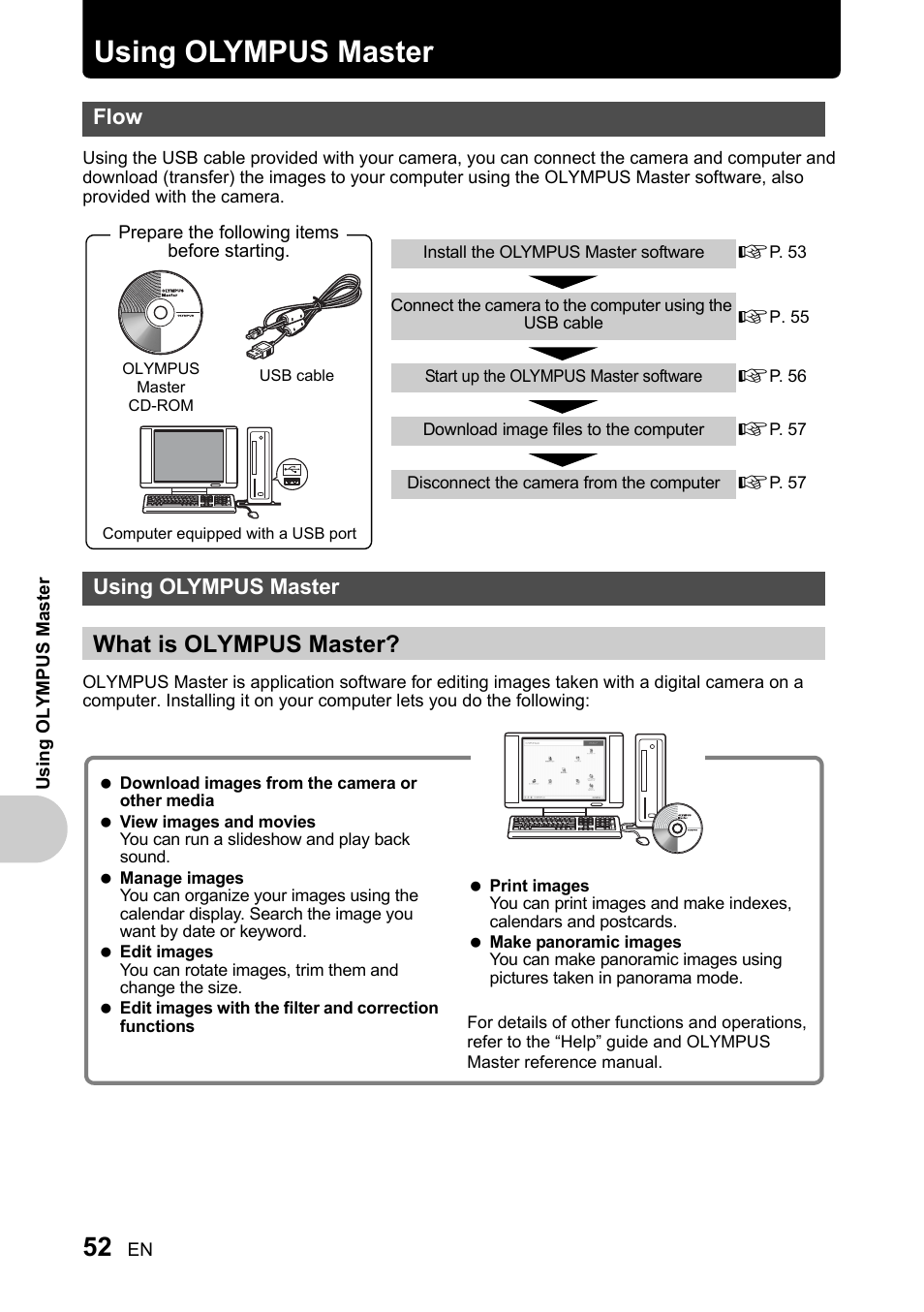 Using olympus master, Flow, What is olympus master | P. 52 | Olympus SP-510 UZ User Manual | Page 52 / 96