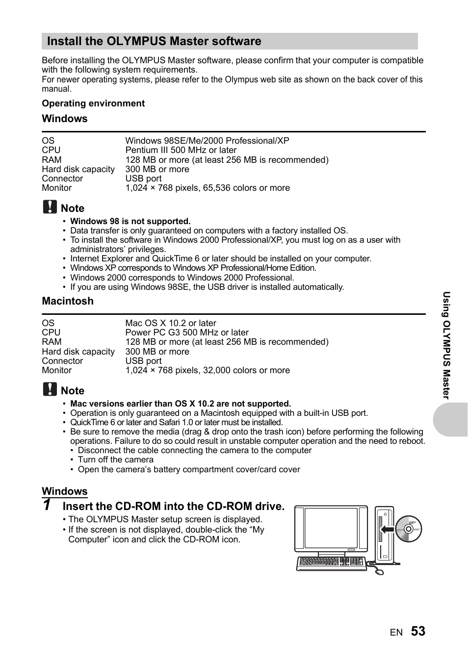 Install the olympus master software, P. 53, Insert the cd-rom into the cd-rom drive | Olympus SP-510 UZ User Manual | Page 53 / 96