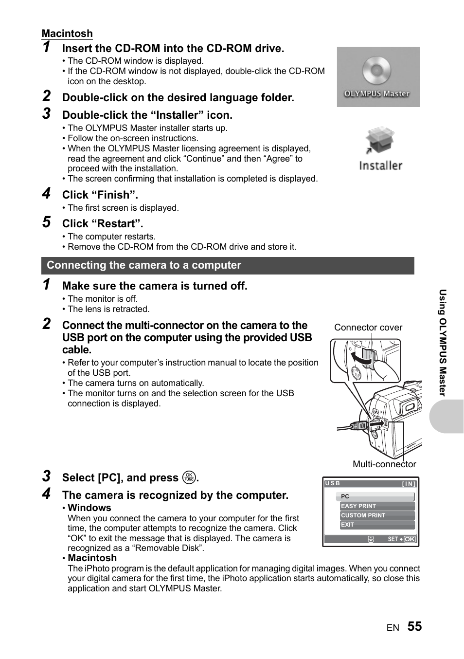 Connecting the camera to a computer, P. 55 | Olympus SP-510 UZ User Manual | Page 55 / 96