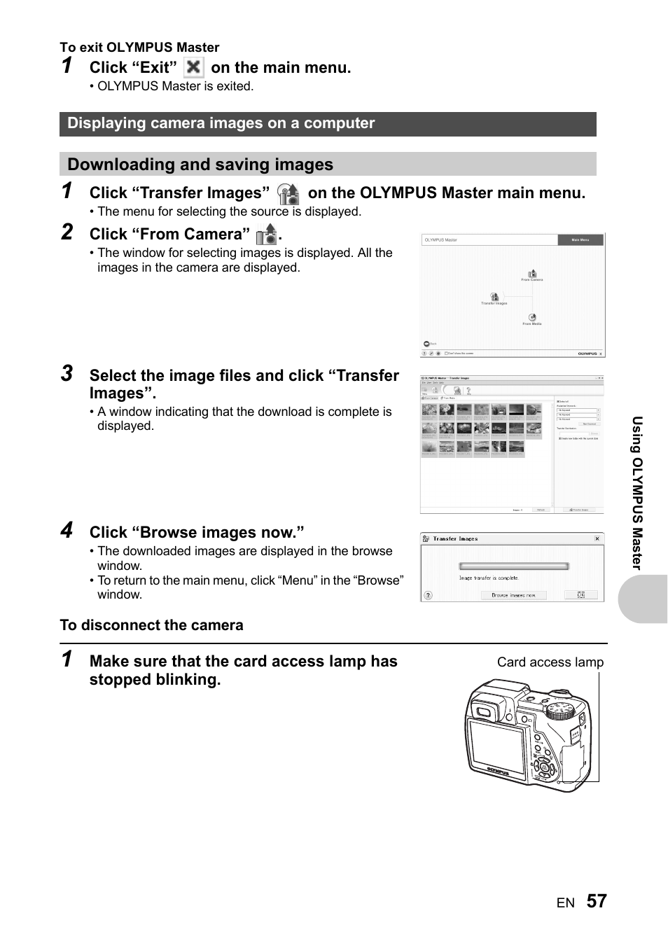 Displaying camera images on a computer, Downloading and saving images, P. 57 | Olympus SP-510 UZ User Manual | Page 57 / 96