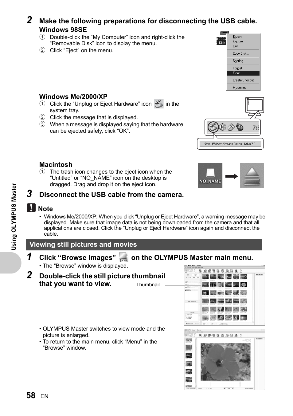 Viewing still pictures and movies | Olympus SP-510 UZ User Manual | Page 58 / 96