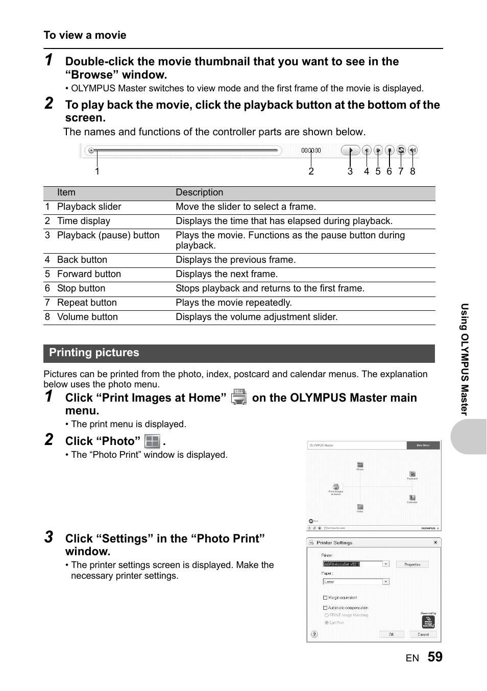 Printing pictures | Olympus SP-510 UZ User Manual | Page 59 / 96