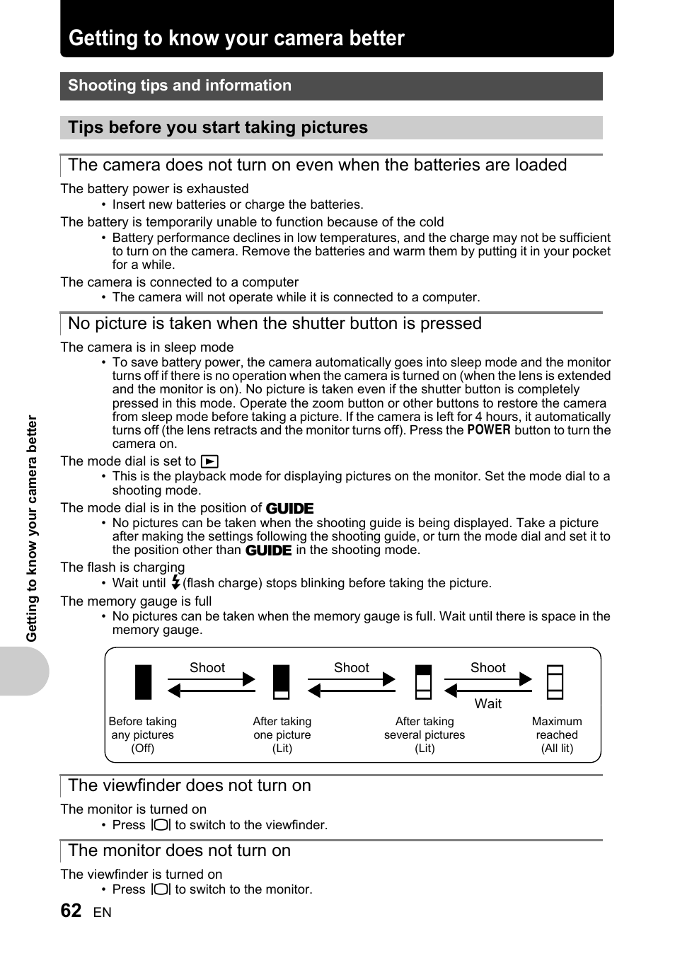 Getting to know your camera better, Shooting tips and information, Tips before you start taking pictures | The viewfinder does not turn on, The monitor does not turn on, P. 62, Ab c d | Olympus SP-510 UZ User Manual | Page 62 / 96