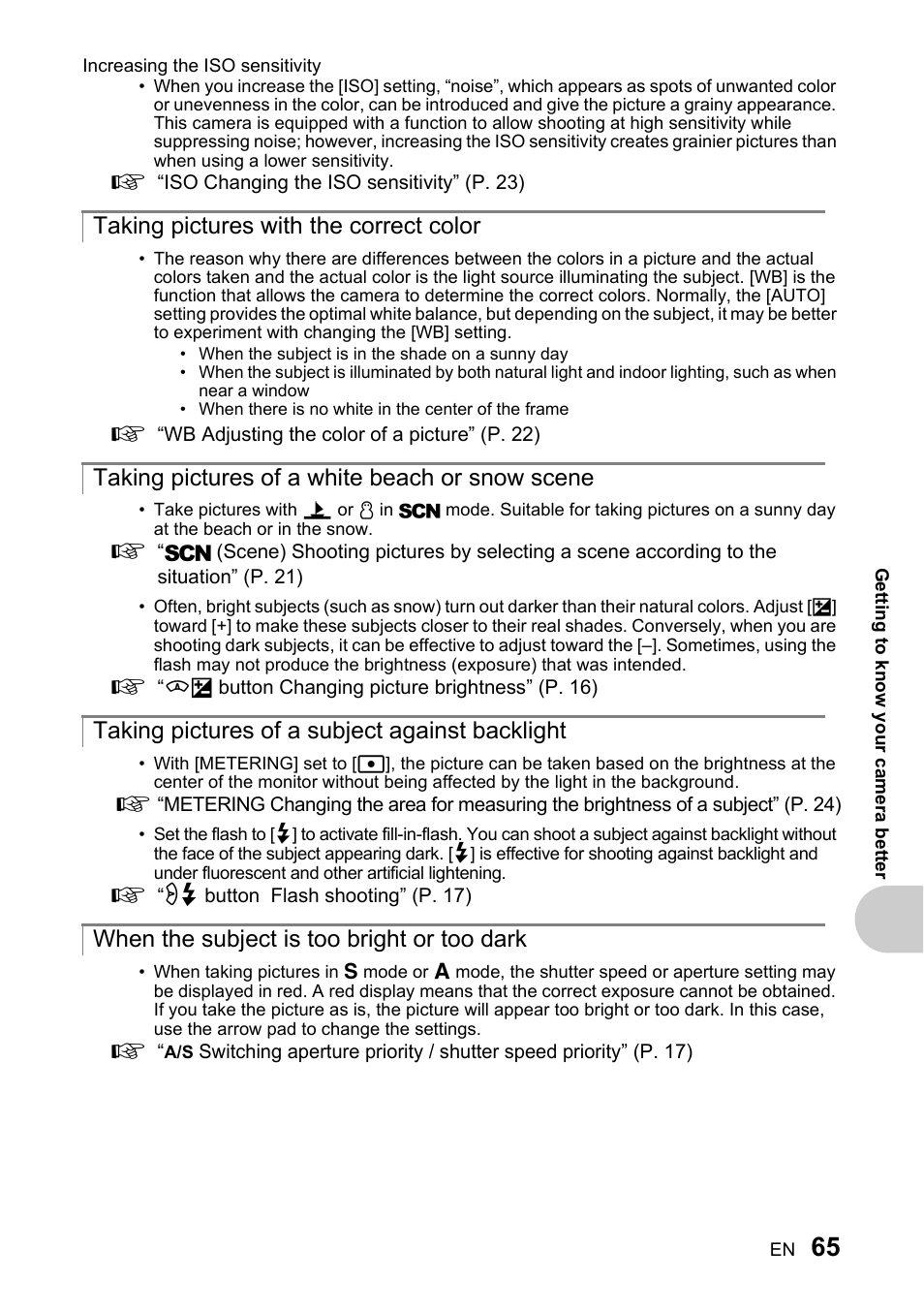 Taking pictures with the correct color, Taking pictures of a white beach or snow scene, Taking pictures of a subject against backlight | When the subject is too bright or too dark | Olympus SP-510 UZ User Manual | Page 65 / 96