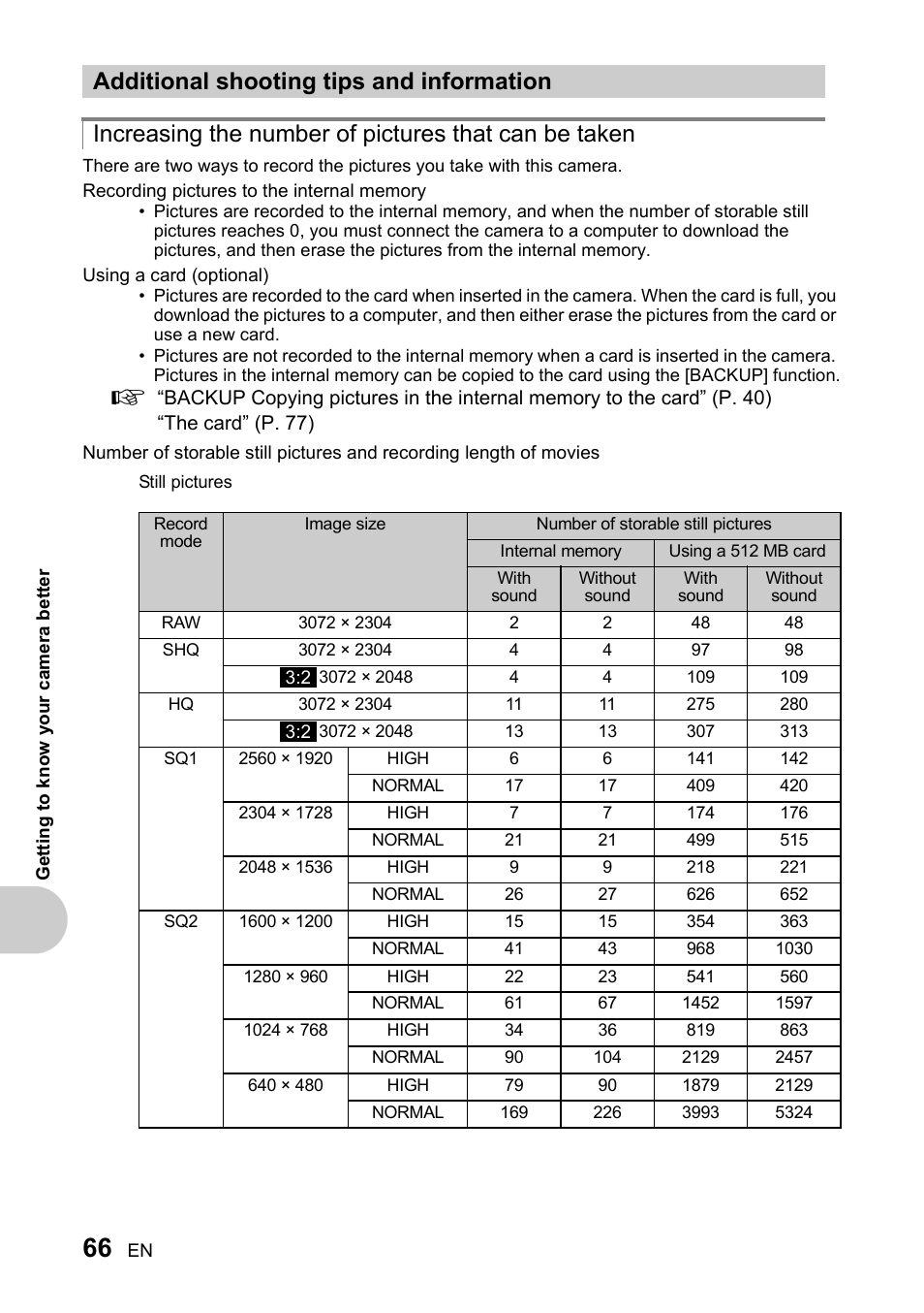 Additional shooting tips and information | Olympus SP-510 UZ User Manual | Page 66 / 96