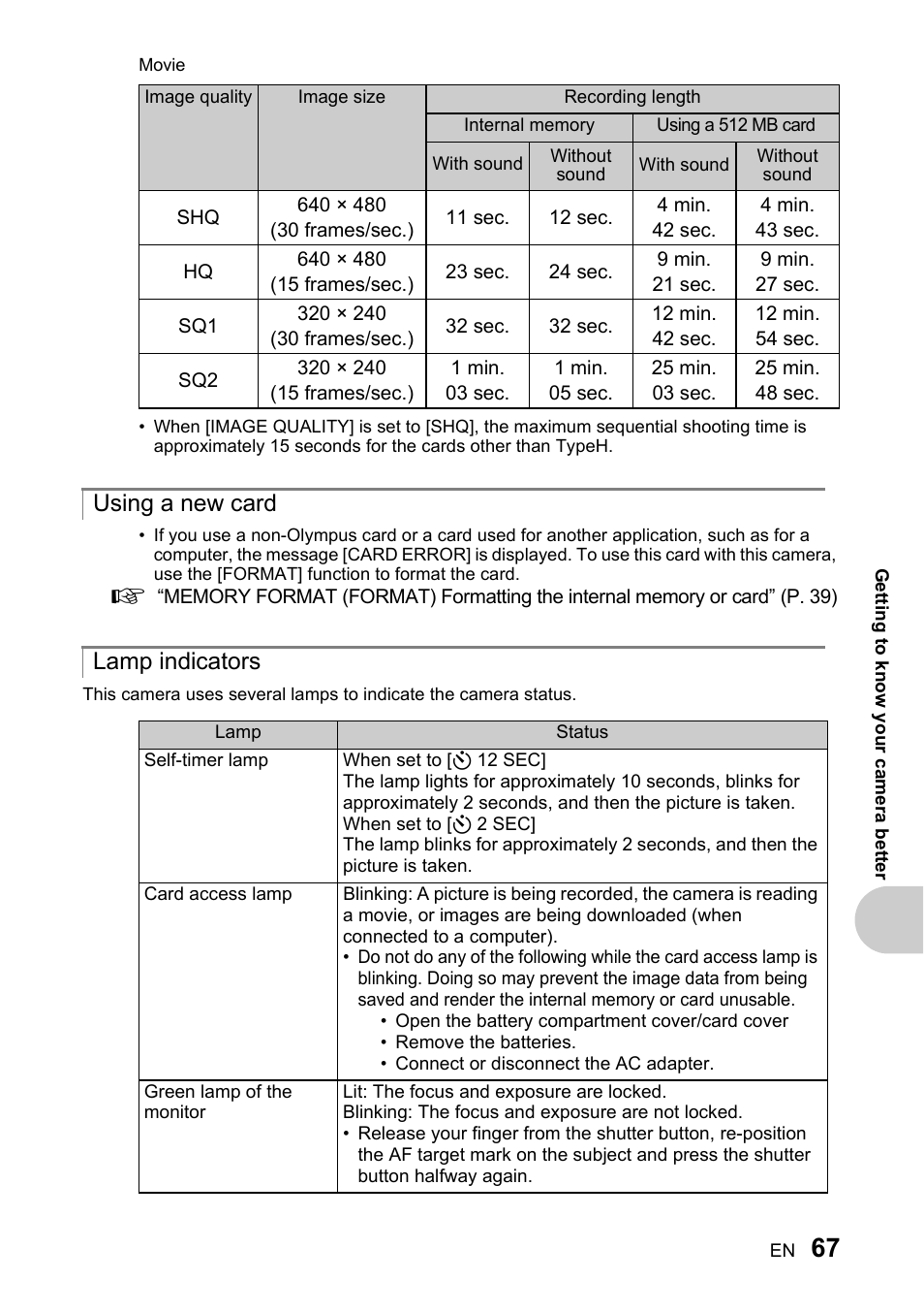 Using a new card, Lamp indicators, Using a new card lamp indicators | Olympus SP-510 UZ User Manual | Page 67 / 96