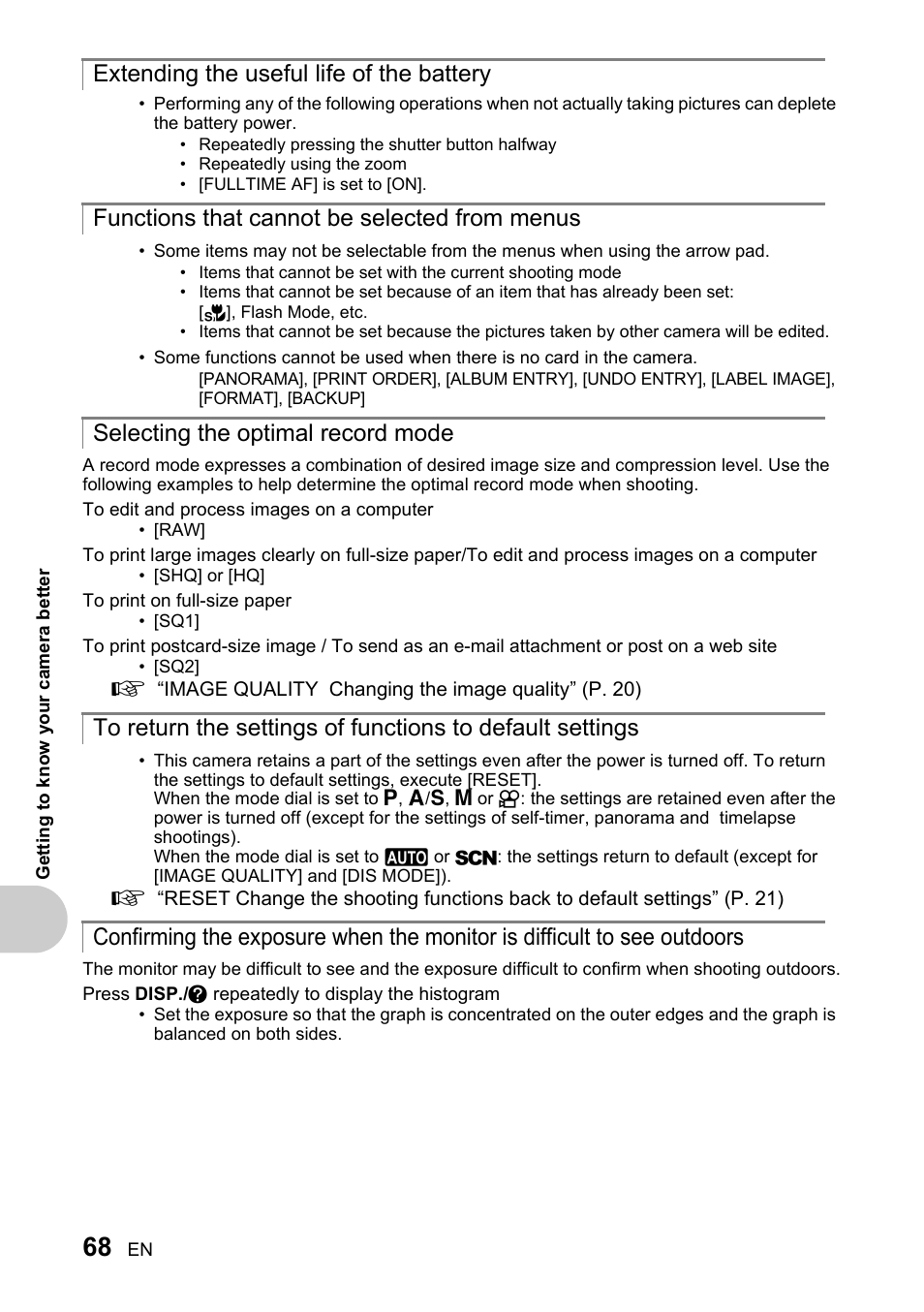 Extending the useful life of the battery, Functions that cannot be selected from menus, Selecting the optimal record mode | Olympus SP-510 UZ User Manual | Page 68 / 96
