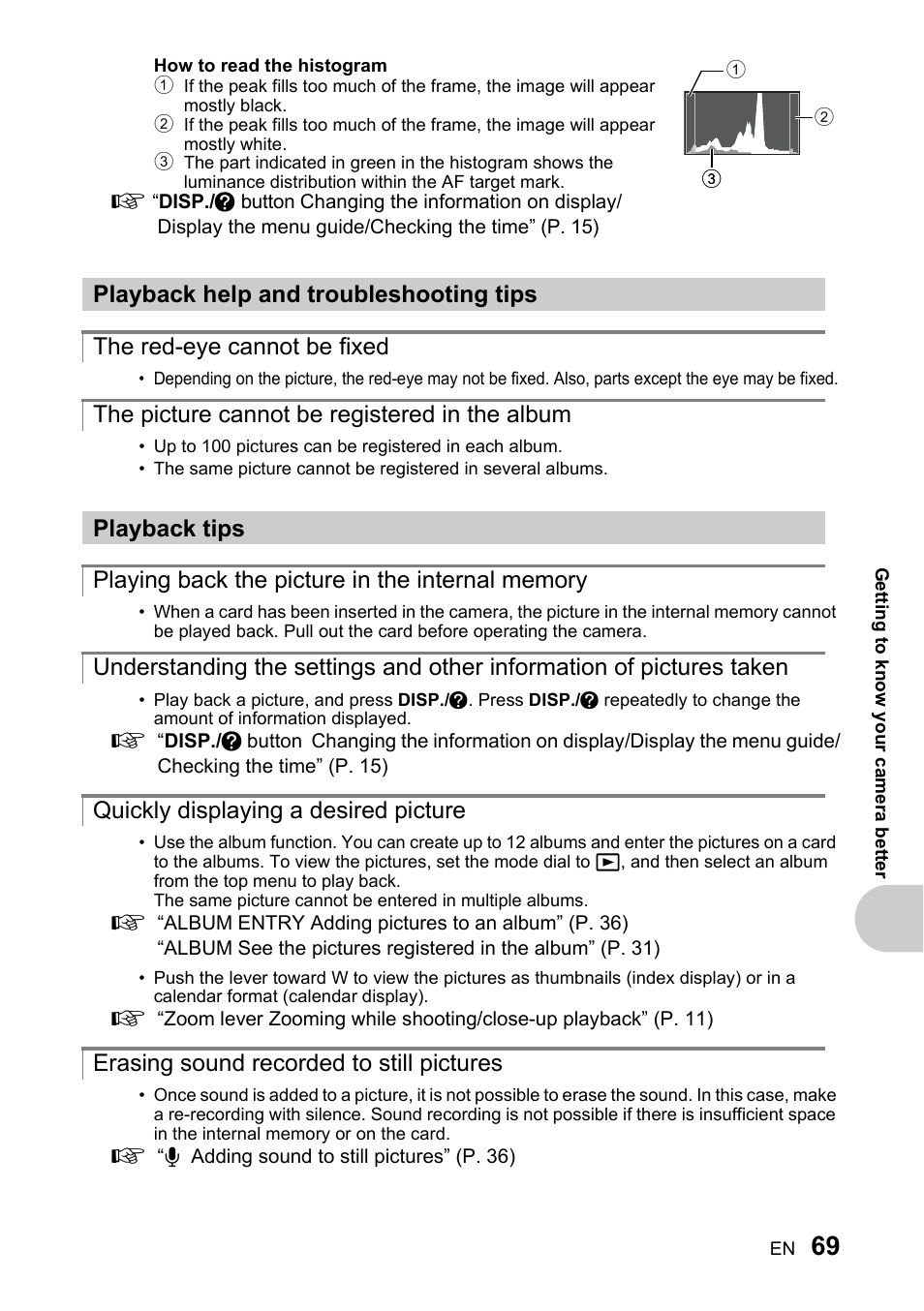 Playback help and troubleshooting tips, The red-eye cannot be fixed, The picture cannot be registered in the album | Playback tips, Playing back the picture in the internal memory, Quickly displaying a desired picture, Erasing sound recorded to still pictures | Olympus SP-510 UZ User Manual | Page 69 / 96