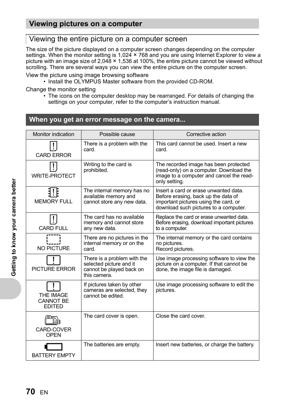 Viewing pictures on a computer, Viewing the entire picture on a computer screen, When you get an error message on the camera | Olympus SP-510 UZ User Manual | Page 70 / 96