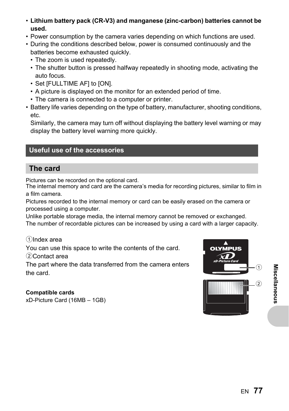 Useful use of the accessories, The card | Olympus SP-510 UZ User Manual | Page 77 / 96